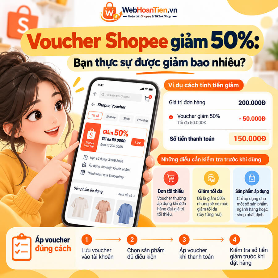 Cách dùng Voucher giảm 50% Shopee: Điều kiện và cách áp mã